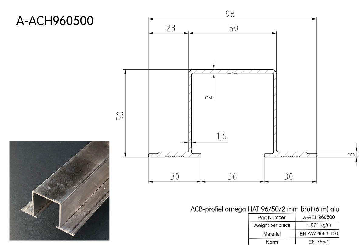 ACB-profiel omega HAT 96/50/2 mm brut (6 m) alu