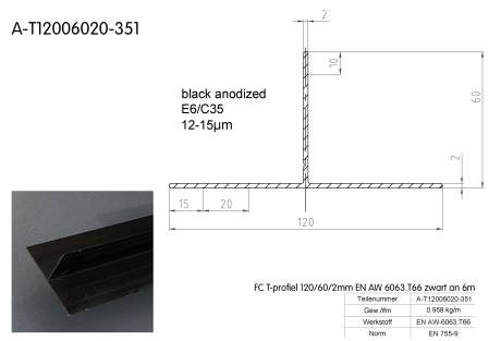FC T-profiel 120/60/2mm EN AW 6063.T66 zwart - 6m